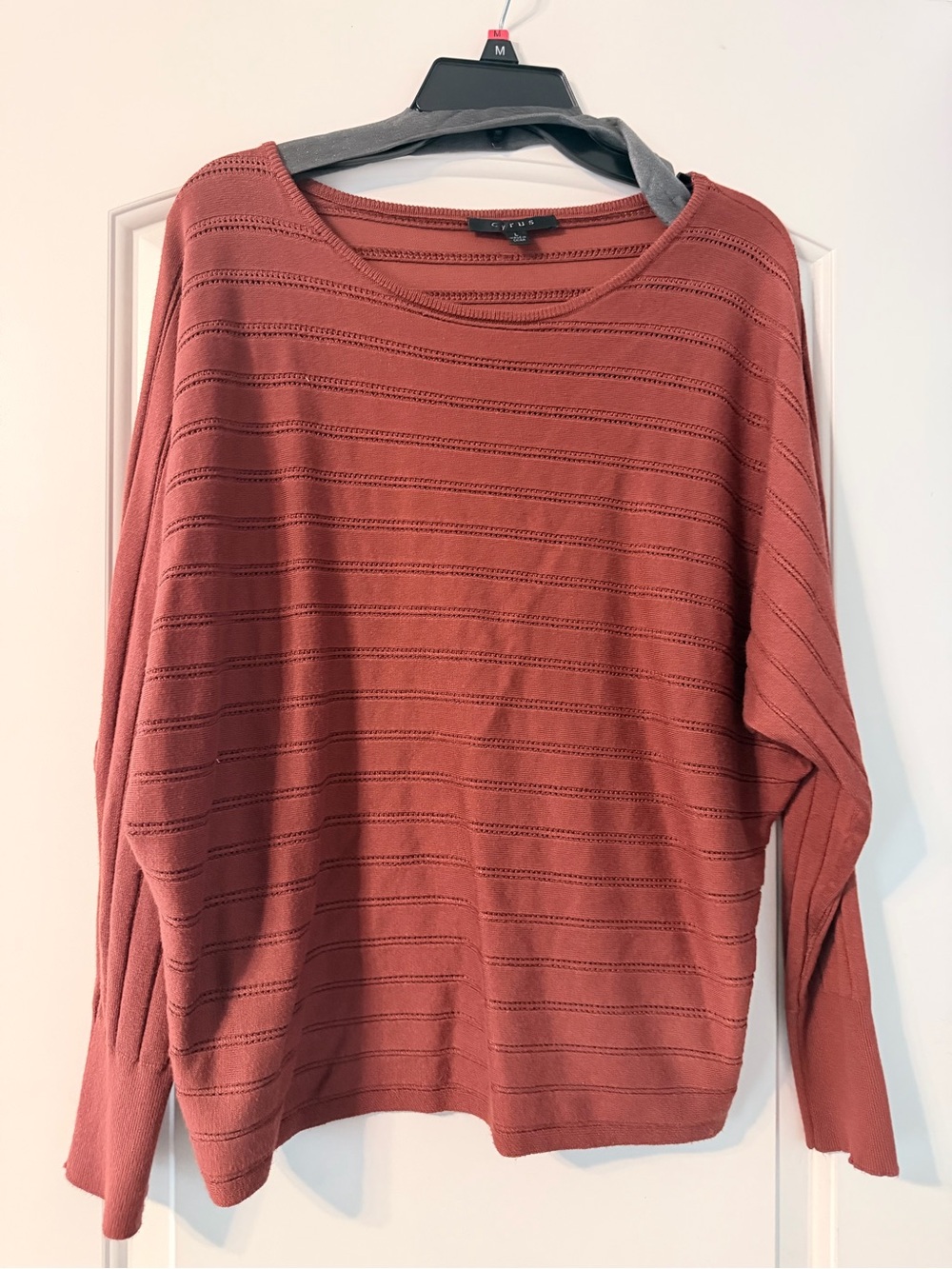 Cyrus Brick Red Openwork Knit Top